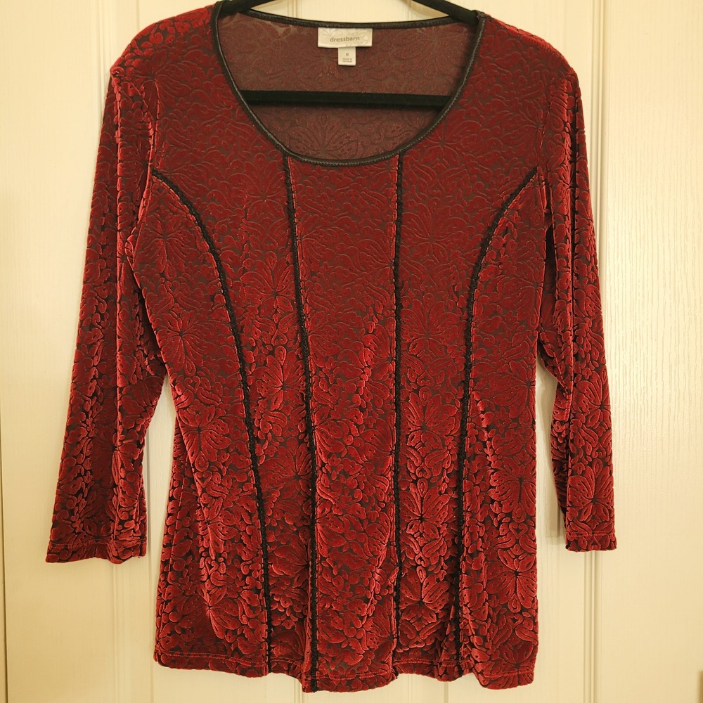 Witchy Womens Burgundy Burnout Velvet Top 3/4 Sleeve Red M Whimsigoth Vampire